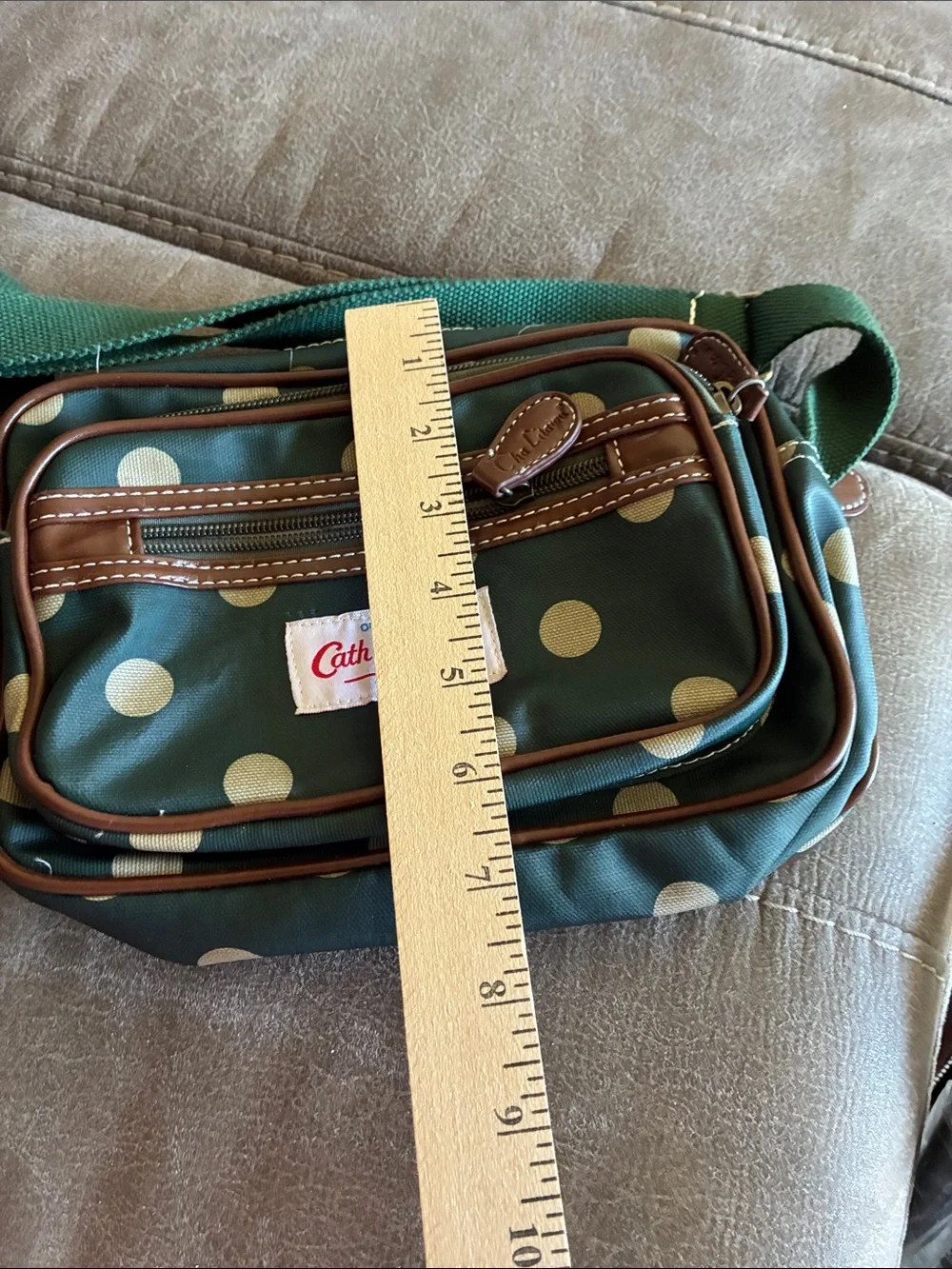 Cath Kidston Green Polka Dot Messenger Bag with Brown Trim
